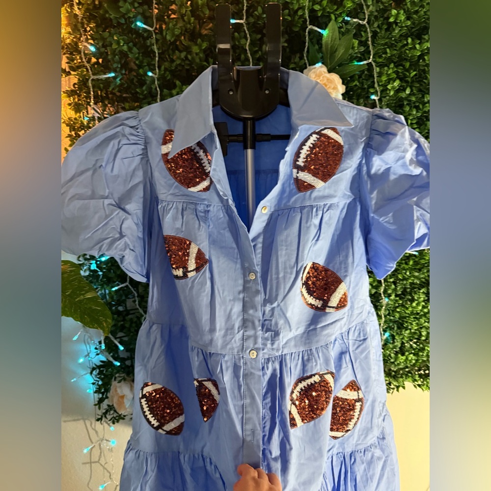 PEACH LOVE SEQUIN FOOTBALL PATCH BABYDOLL DRESS LIGHT BLUE - Picture 9 of 9
